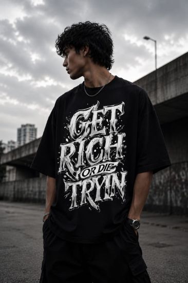 Picture of Get Rich Or Die Tryin Oversized T-Shirt | Hustle Mindset Graphic Tee | Premium 260 GSM Cotton Unisex