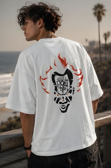 Picture of You’ll Float Too Oversized T-Shirt – White Horror Graphic Back Print Drop Shoulder Streetwear Tee