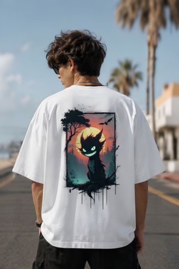 Picture of Sunset Black Cat Oversized T-Shirt – White Gothic Back Print Drop Shoulder Streetwear Tee