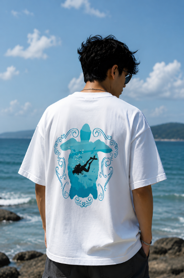 Picture of Ocean Diver Oversized T-Shirt – White Sea Turtle Graphic Back Print Drop Shoulder Streetwear Tee