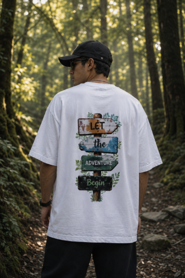 Picture of Let the Adventure Begin Oversized T-Shirt – White Nature Graphic Back Print Drop Shoulder Travel Tee