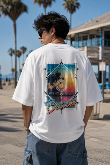 Picture of Beach Sunset Oversized T-Shirt – White Palm Tree Graphic Back Print Drop Shoulder Streetwear Tee