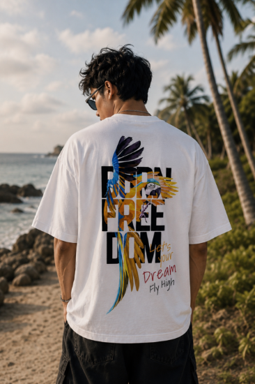 Picture of Born Free Fly High Oversized T-Shirt – White Parrot Graphic Back Print Drop Shoulder Streetwear Tee
