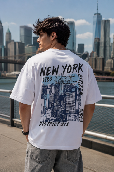 Picture of New York District 212 Oversized T-Shirt – White City Sketch Back Print Drop Shoulder Streetwear Tee