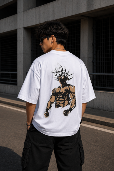 Picture of Cyborg Skull Oversized T-Shirt – White Futuristic Graphic Back Print Drop Shoulder Streetwear Tee - copy - copy - copy